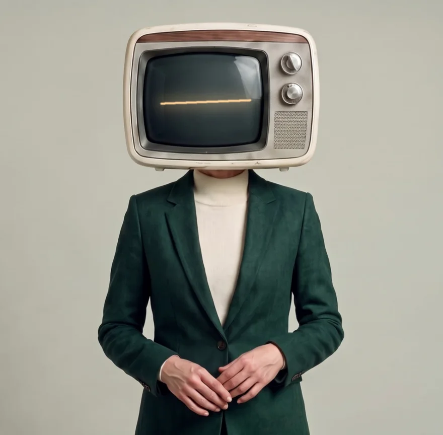 Paloren in a green tailored suit with an ivory television head and a warm phosphor line